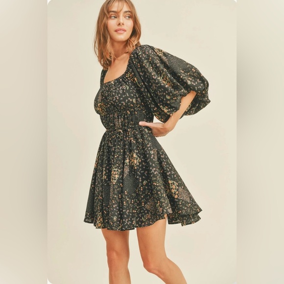 THE POST Anthro Fall Floral Bubble Sleeve Flared Mini Dress- Size Small - Picture 3 of 12